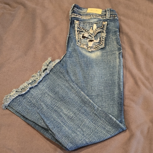 Miss Me Blue Boot Cut Jeans with Distressed Details - Picture 1 of 6